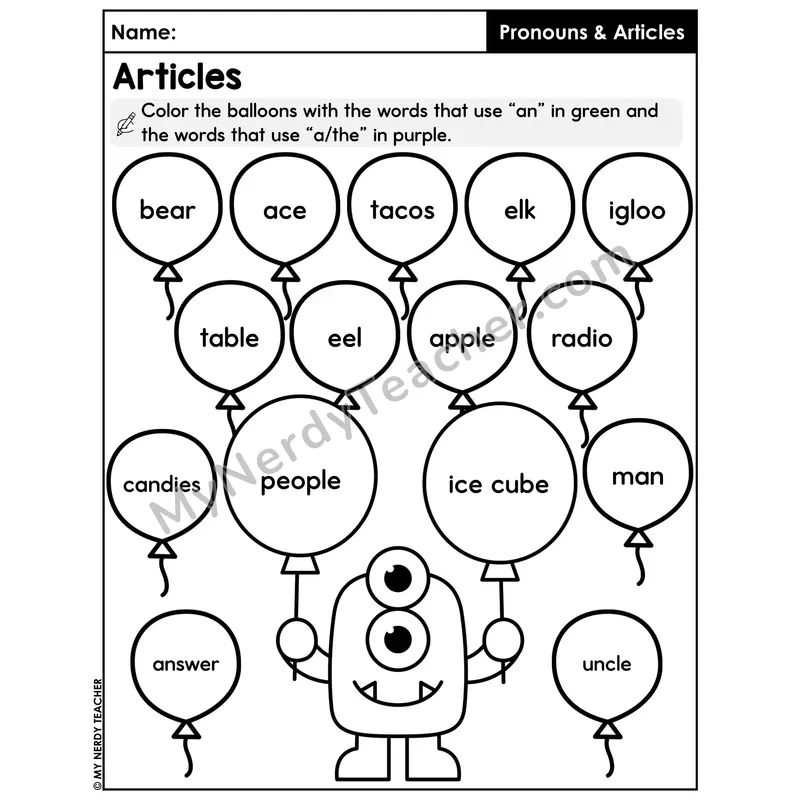 Articles Color by Code Worksheet — A An The Balloon Sort