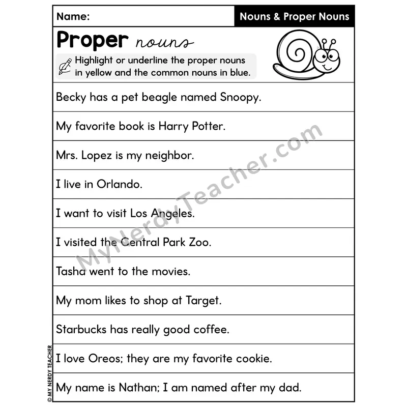 Highlight Proper and Common Nouns Worksheet — Yellow Blue Color Code