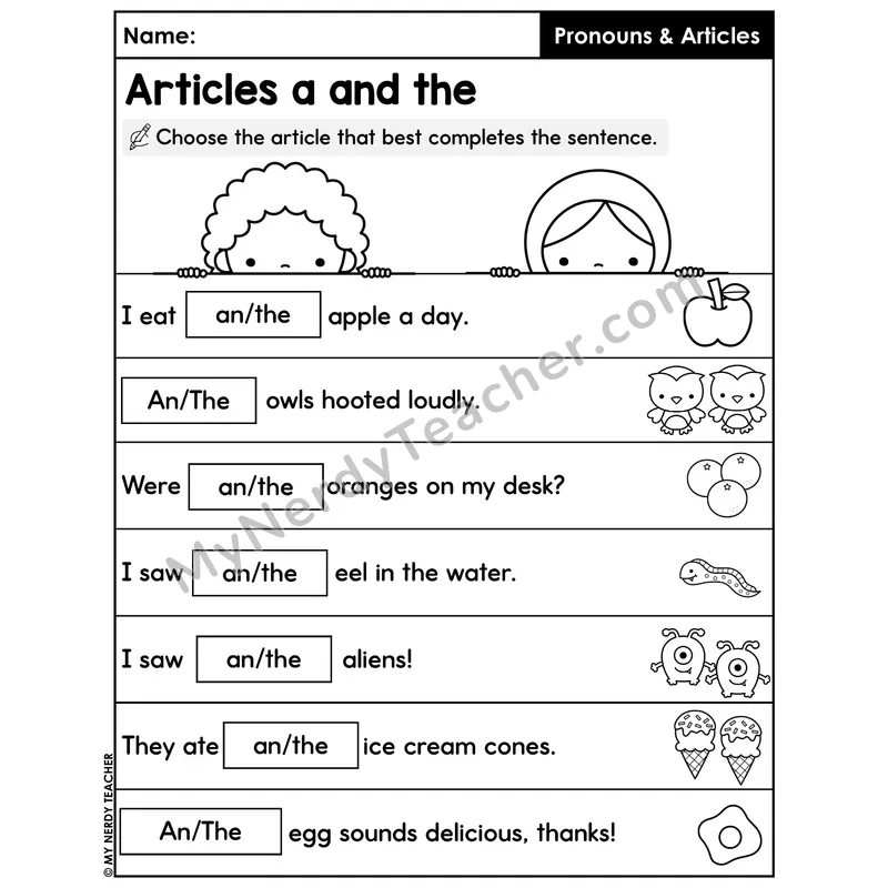 Articles An or The Worksheet — Definite and Indefinite Practice
