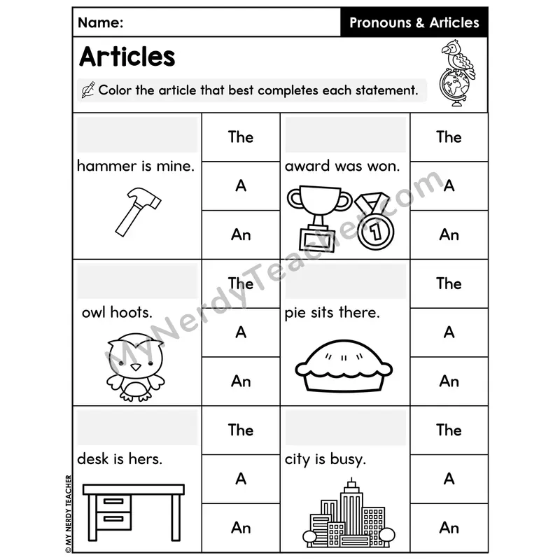 Color the Best Article Worksheet — A An The Picture Statements