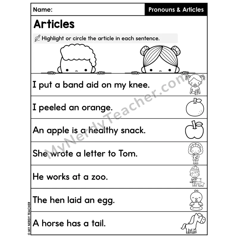Highlight the Articles in Sentences Worksheet — A An The Identification