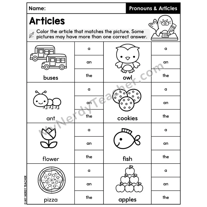 Color the Article Picture Match Worksheet — A An The Multiple Answers