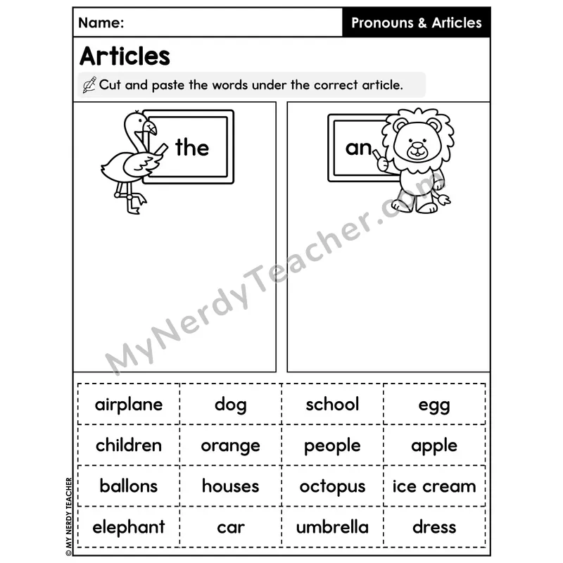 Articles The or An Cut and Paste Sort Worksheet — Noun Sort