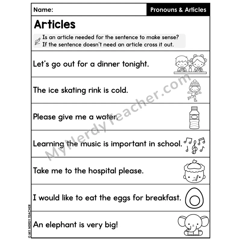 Is an Article Needed Worksheet — Cross Out or Keep Practice