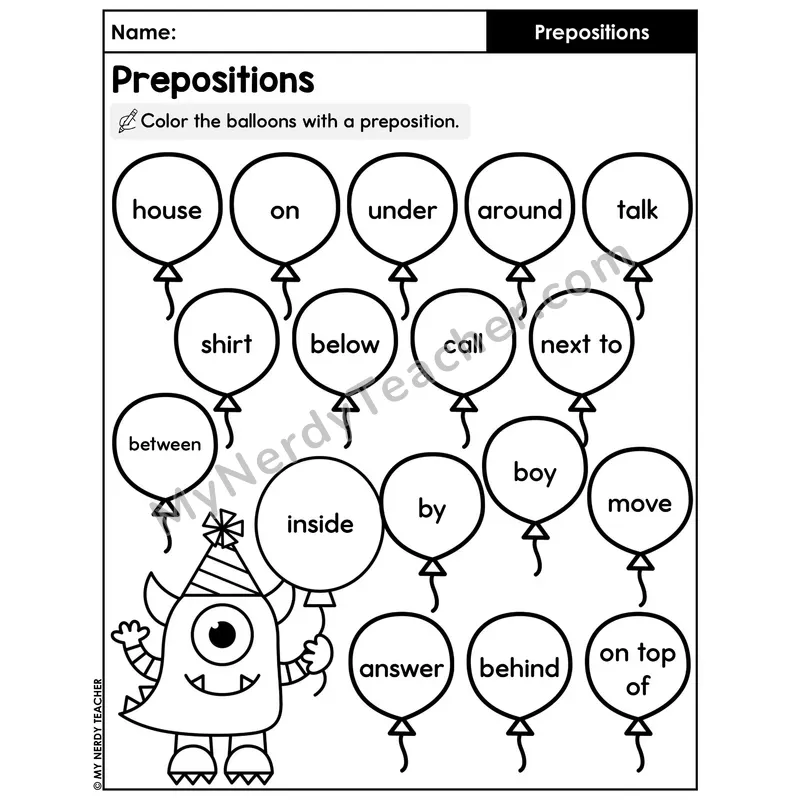 Color the Prepositions Worksheet — Balloon Identification