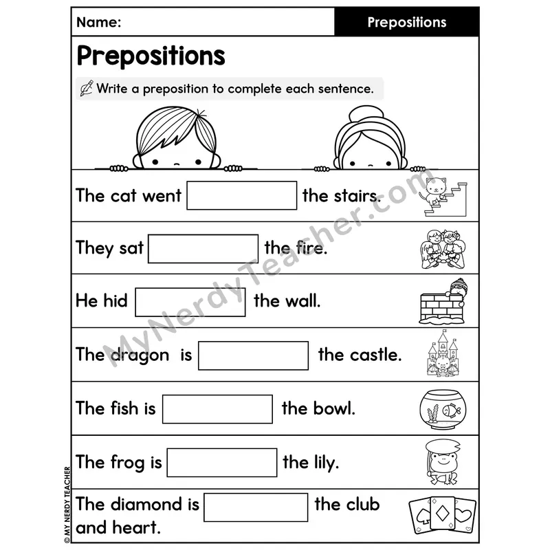 Write a Preposition Worksheet — Sentence Completion with Picture Cues