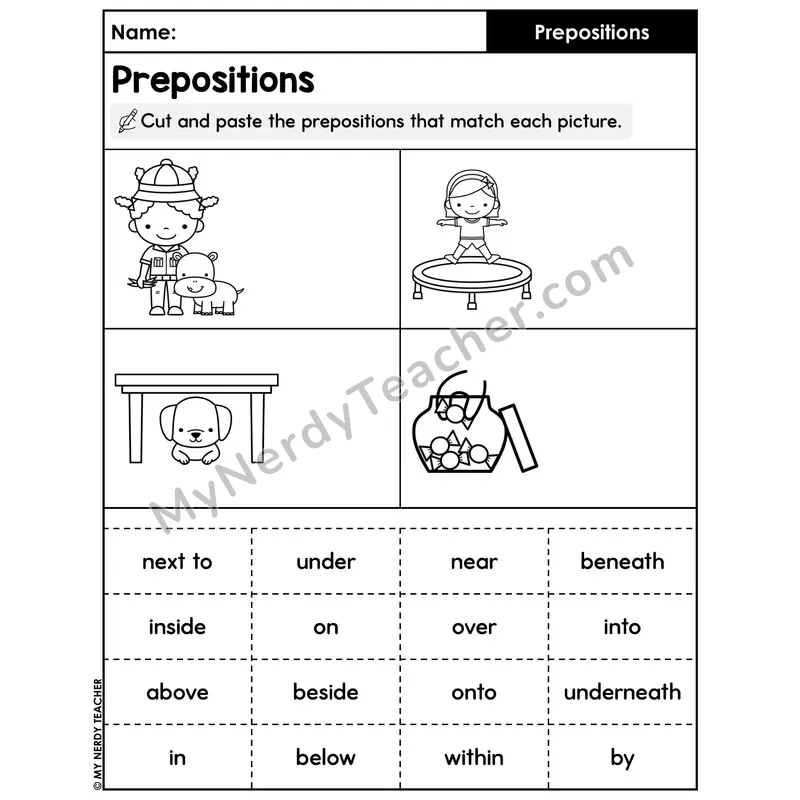 Prepositions Cut and Paste Picture Match Worksheet — Position Words