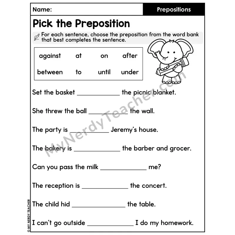 Pick the Preposition Word Bank Worksheet — Sentence Completion
