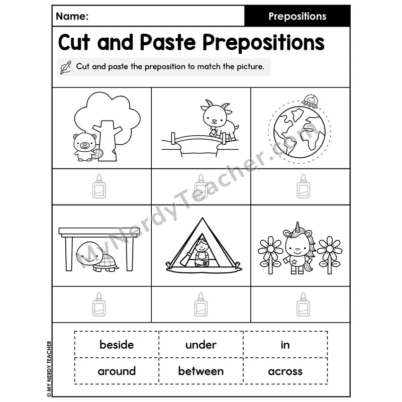 Cut and Paste Prepositions Worksheet — Six Pictures Match