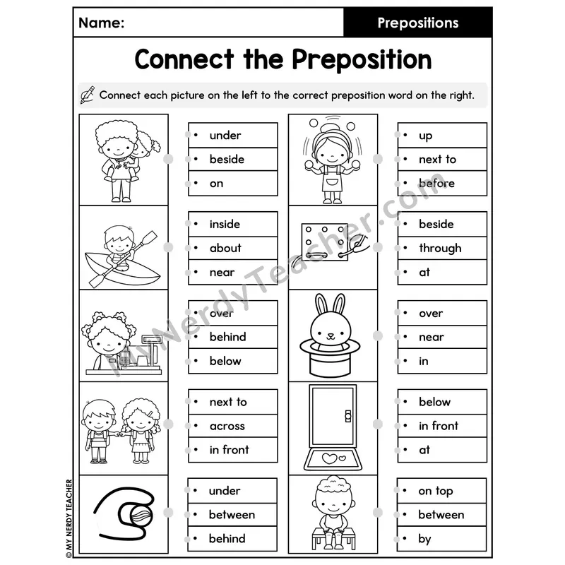 Connect the Preposition Worksheet — Picture to Word Multiple Choice