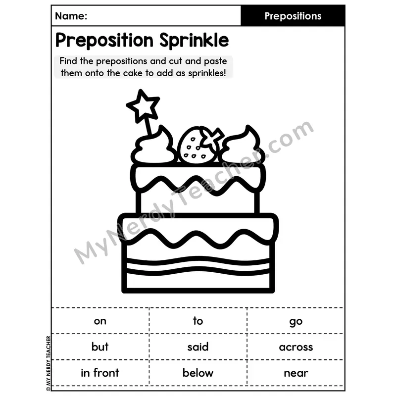 Preposition Sprinkle Cake Cut and Paste Worksheet — Preposition Sort