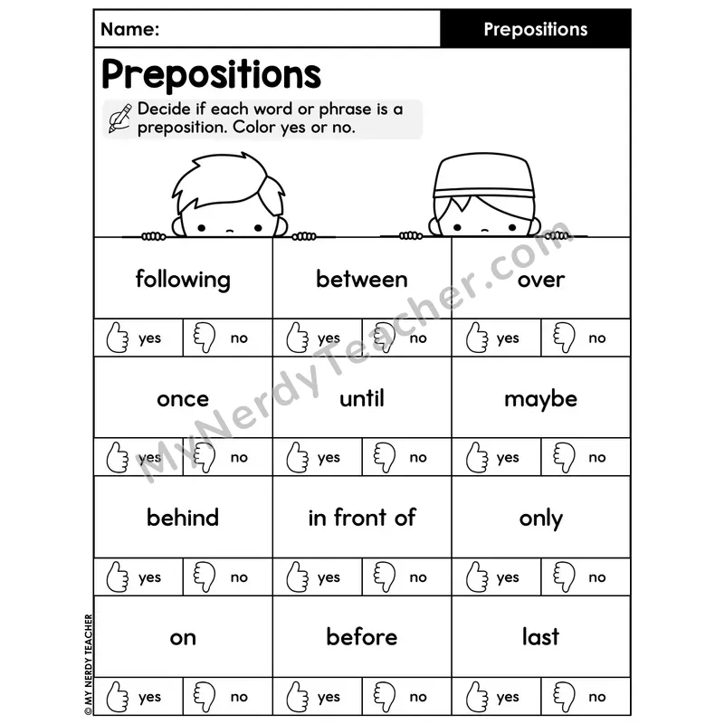 Is It a Preposition Worksheet — Yes or No Identification
