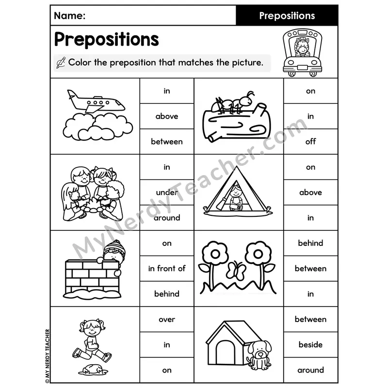 Color the Preposition Picture Match Worksheet — Multiple Choice