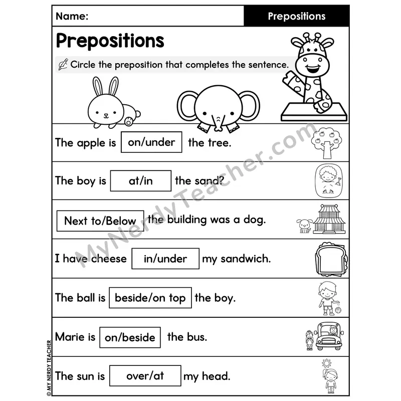 Circle the Preposition Worksheet — Sentence Choice with Pictures