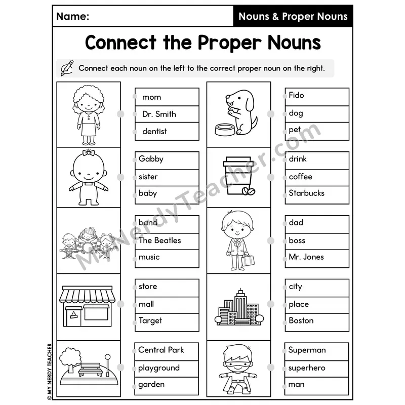Connect the Proper Nouns Worksheet — Common to Proper Match