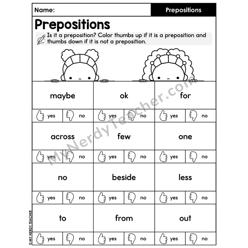 Is It a Preposition Thumbs Up or Down Worksheet — Preposition Identification