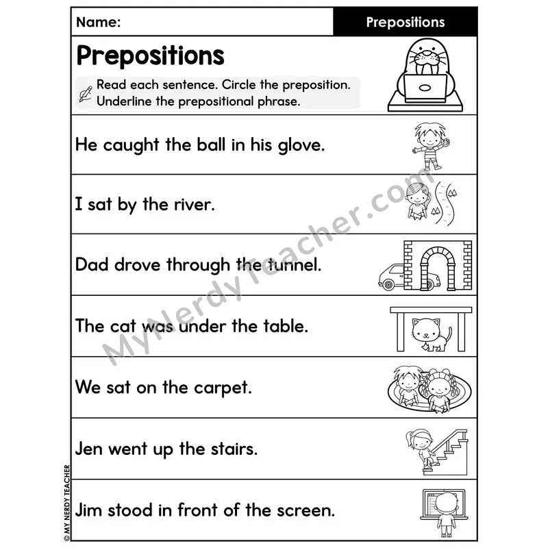 Prepositional Phrase Circle and Underline Worksheet — Grammar Analysis