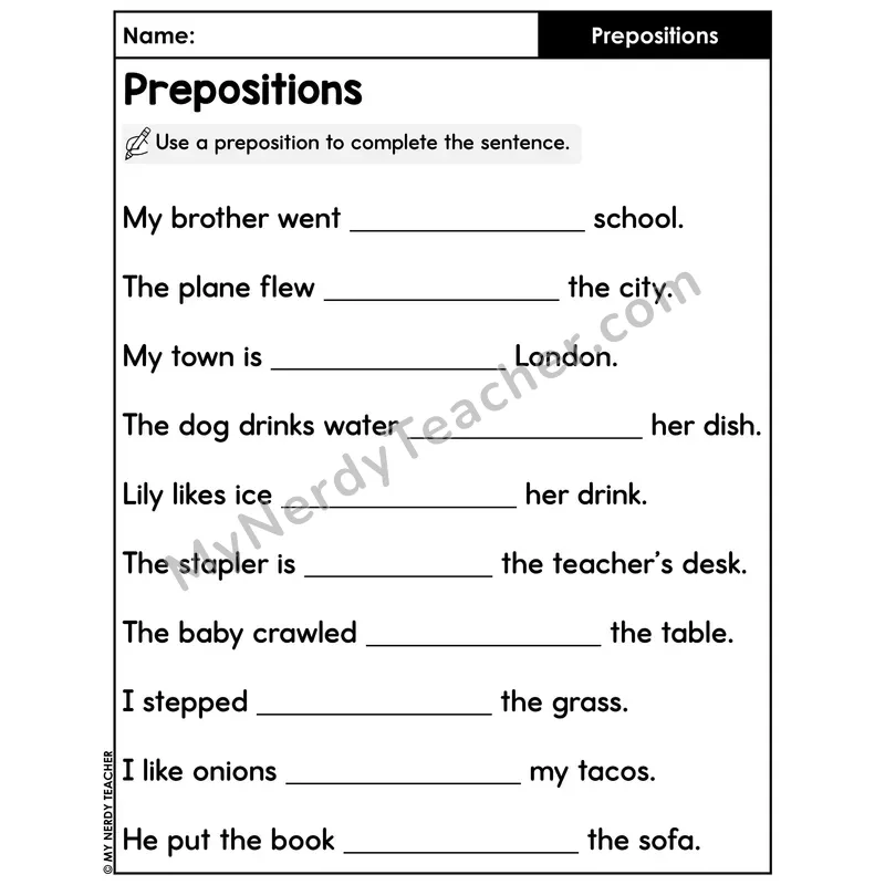 Use a Preposition to Complete the Sentence Worksheet — Independent Writing
