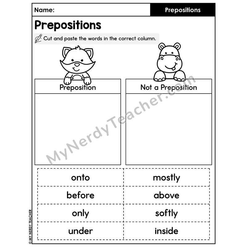 Preposition vs Not a Preposition Sort Worksheet — Cut and Paste