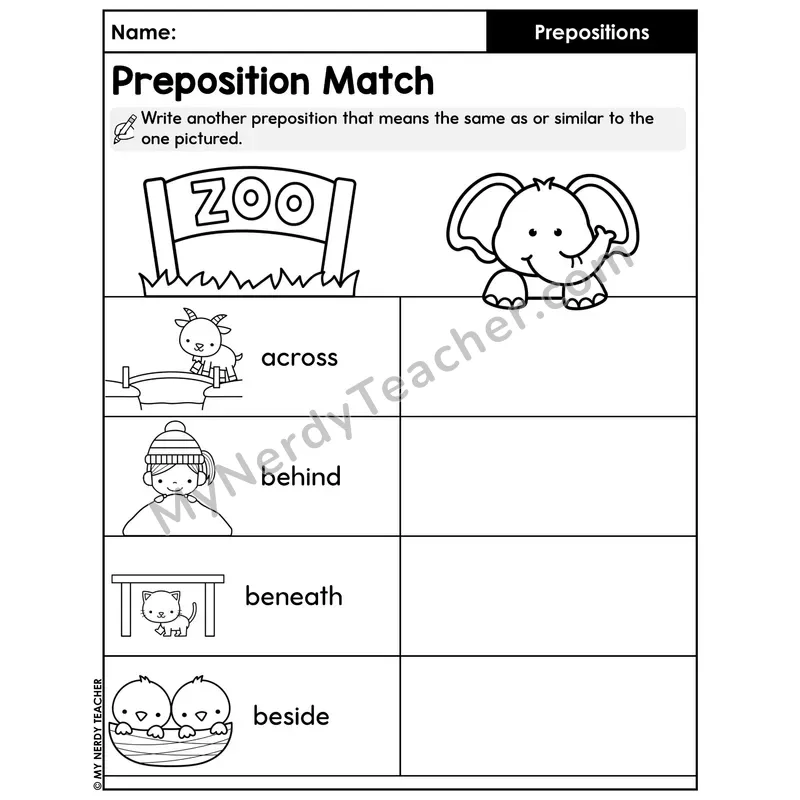 Preposition Synonym Match Worksheet — Write Similar Prepositions Part 1