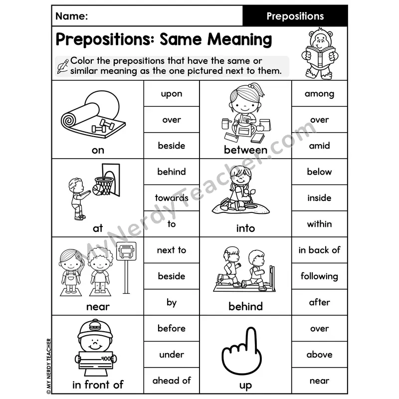 Prepositions Same Meaning Synonym Worksheet — Color Synonyms