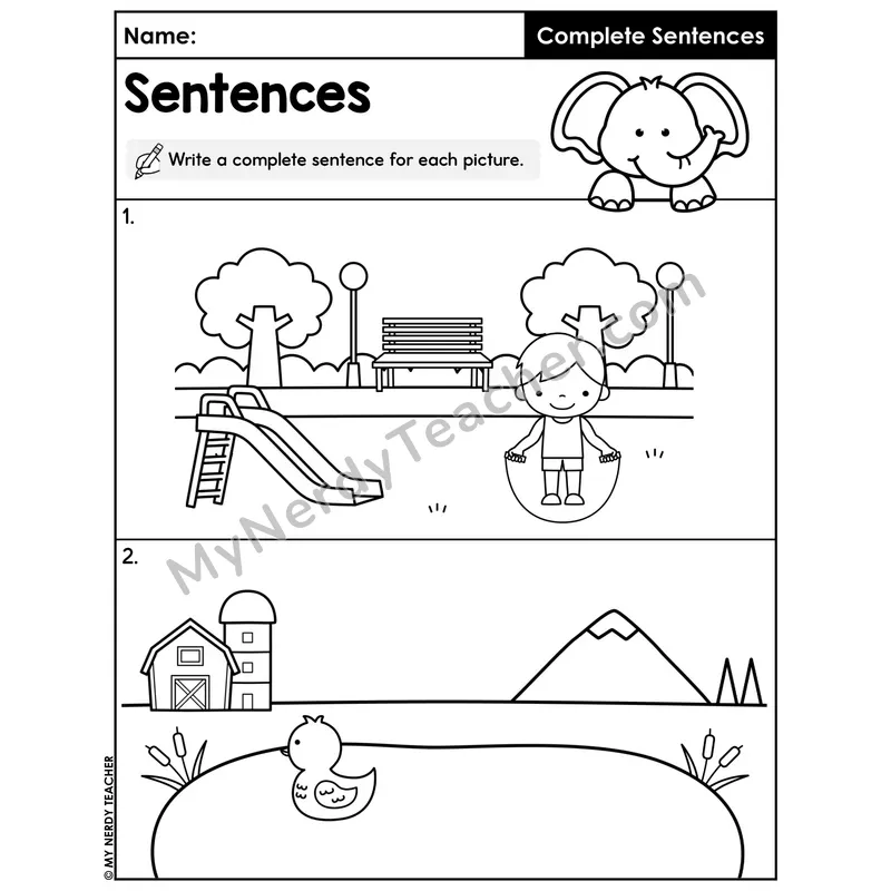 Write a Complete Sentence from Picture Worksheet — Playground and Farm