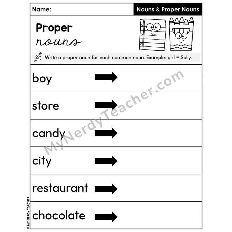 Write a Proper Noun for Each Common Noun Worksheet — Noun Substitution