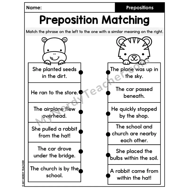 Preposition Phrase Matching Worksheet — Similar Meaning Sentences