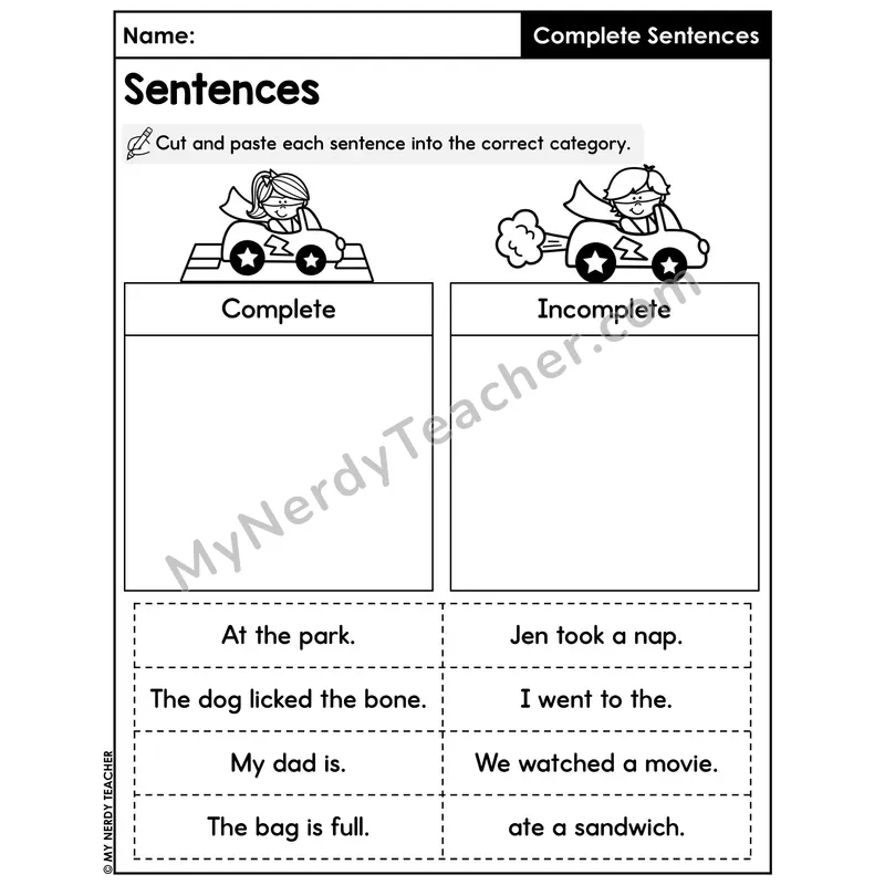 Complete vs Incomplete Sentences Cut and Paste Worksheet — Sort Practice