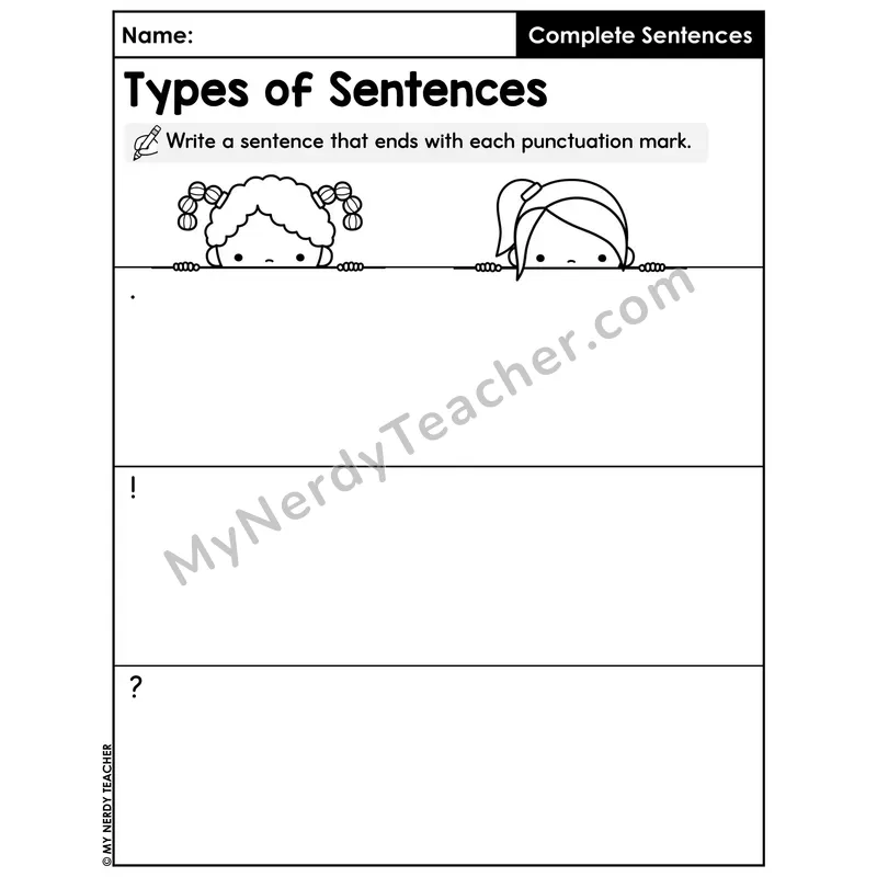 Types of Sentences Writing Worksheet — Period Exclamation Question