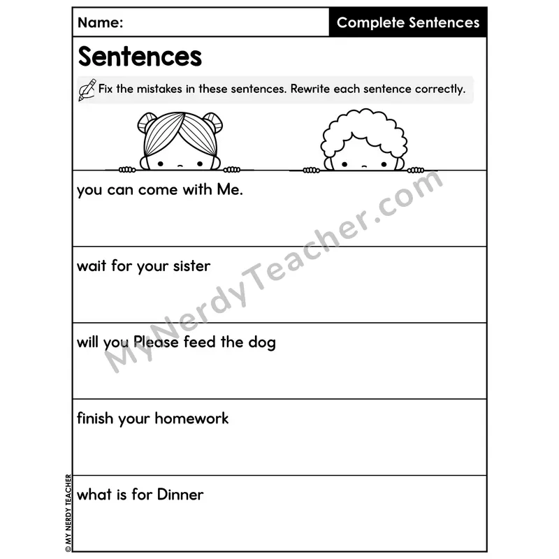 Fix Sentence Mistakes Rewrite Worksheet — Capitalization and Punctuation Editing