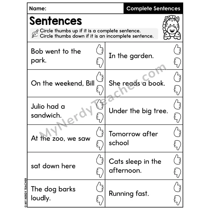 Complete vs Incomplete Sentence Thumbs Up Down Worksheet — Sentence Identification