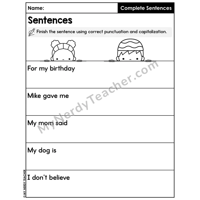 Finish the Sentence Worksheet — Sentence Starters with Punctuation