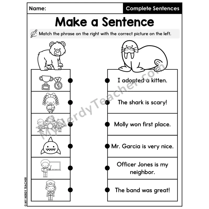 Make a Sentence Picture Match Worksheet — Connect Phrase to Picture