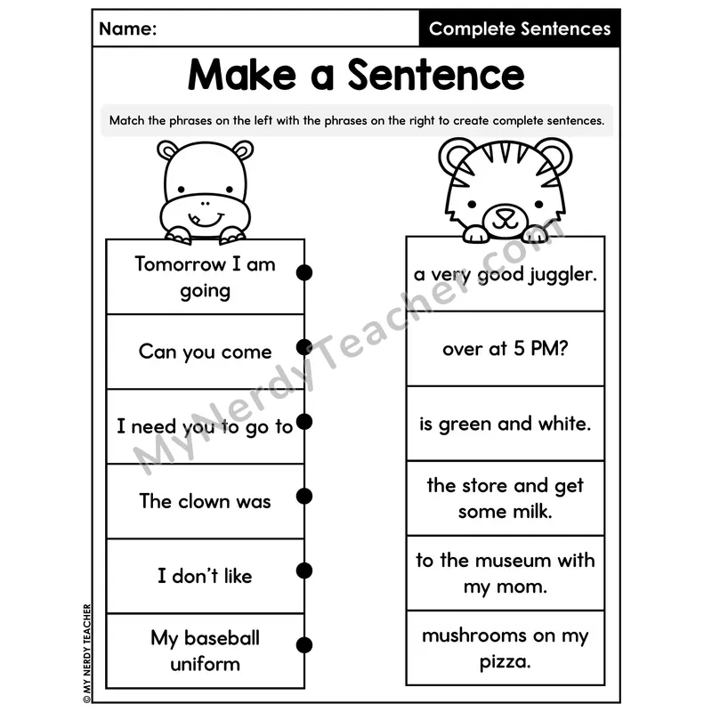 Make a Sentence Match Worksheet — Phrase Connection Practice