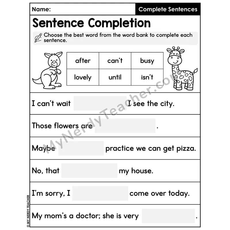 Sentence Completion Word Bank Worksheet — Best Word Choice Part 2