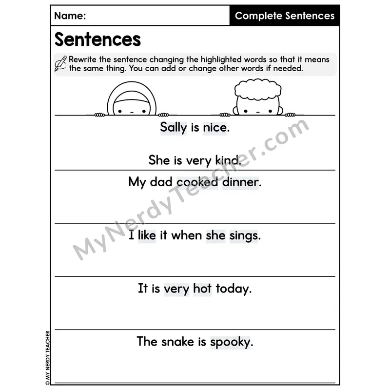 Rewrite Sentences with Synonyms Worksheet — Change Highlighted Words