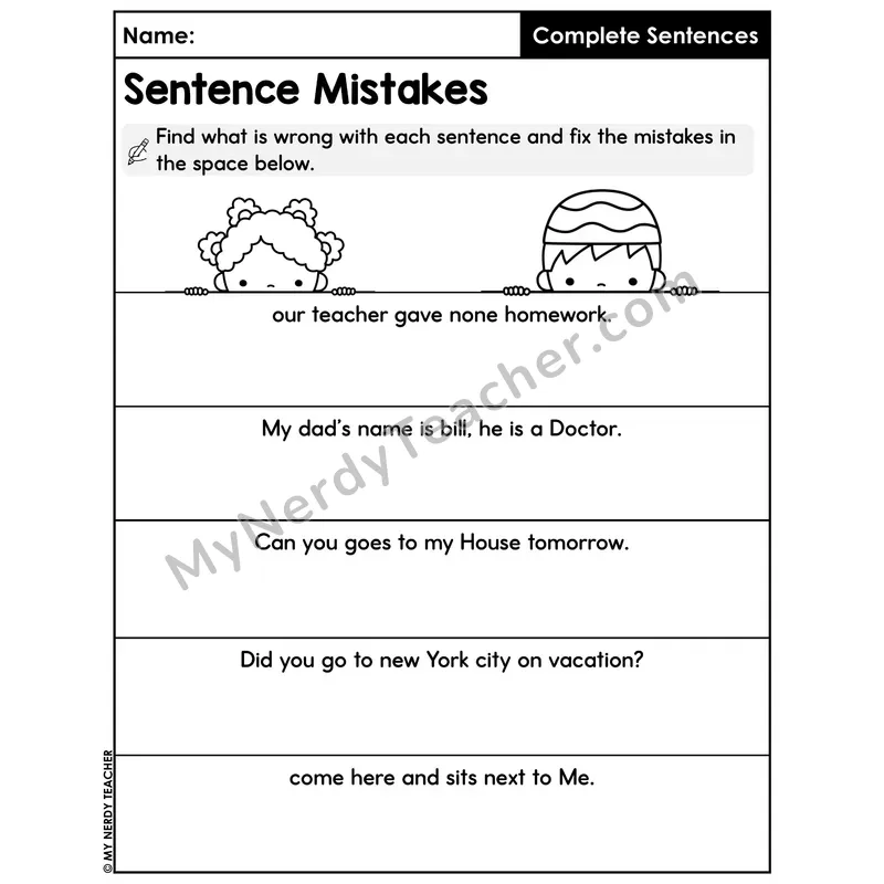 Find and Fix Sentence Mistakes Worksheet — Grammar Editing Practice