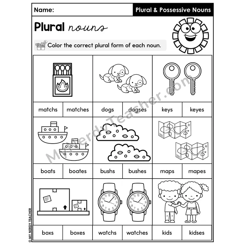 Plural Nouns with ES Endings Worksheet — Color the Correct Plural