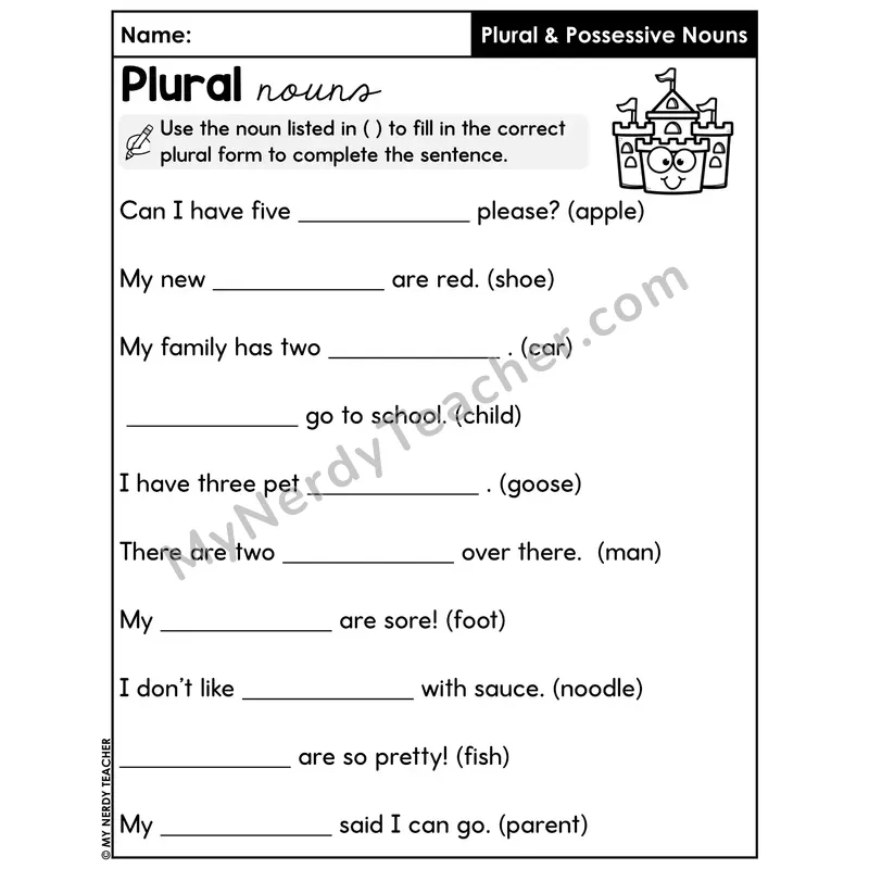 Plural Nouns Sentence Completion Worksheet — Regular and Irregular Mixed
