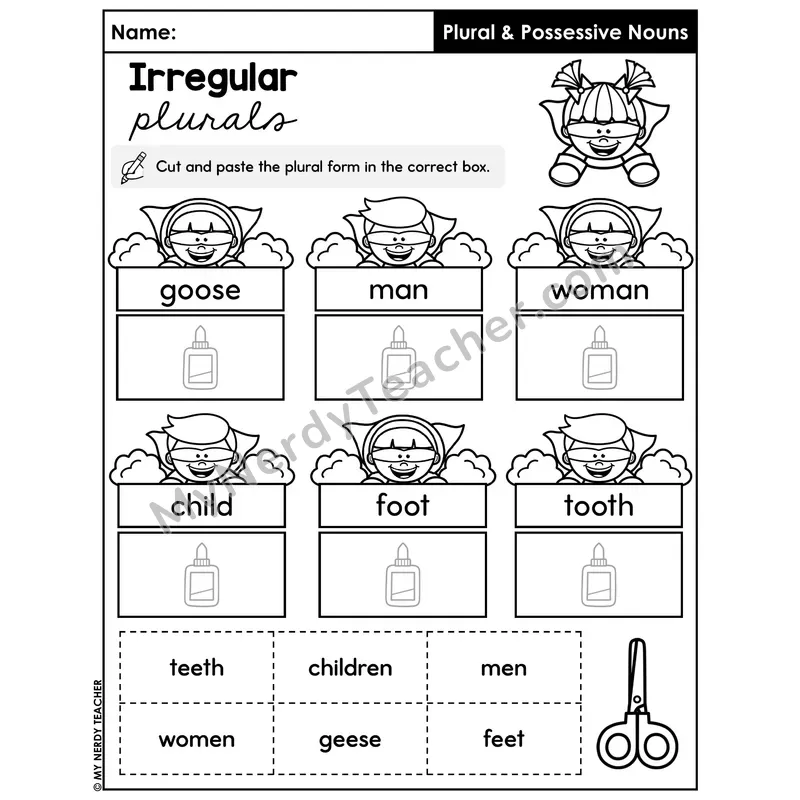 Irregular Plurals Cut and Paste Worksheet — Match Singular to Plural