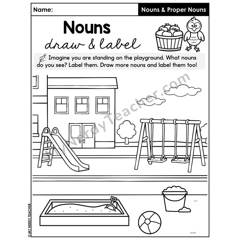 Nouns Draw and Label Worksheet — Playground Scene Identification
