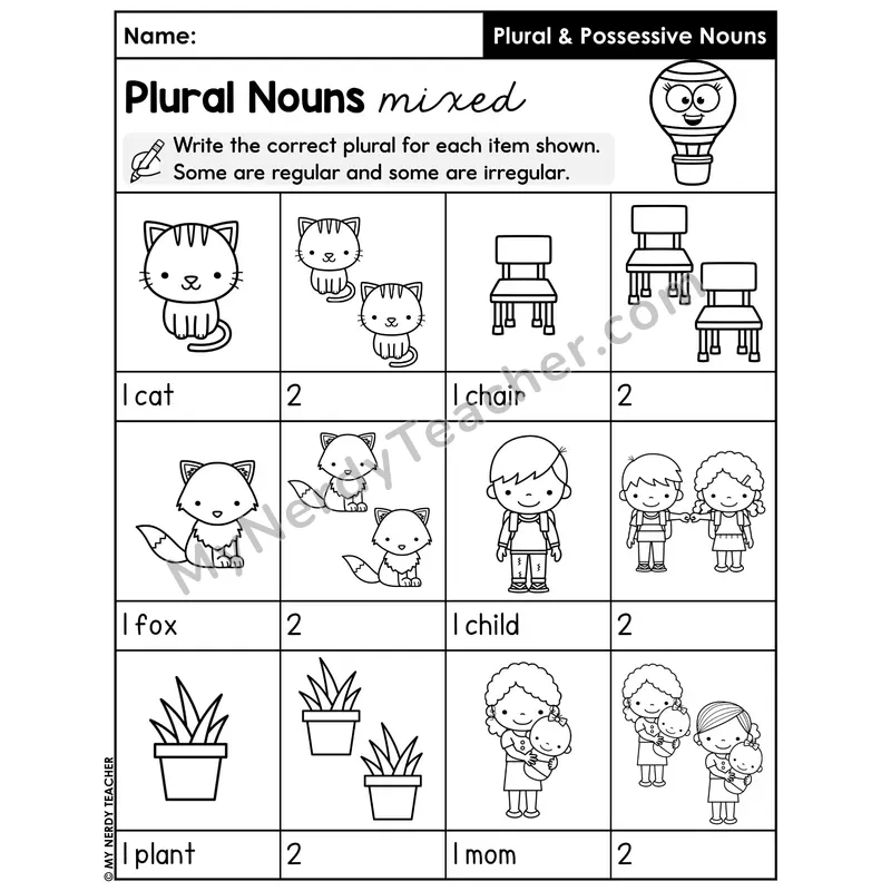 Plural Nouns Mixed Write Plural Worksheet — 1 to 2 Pictures