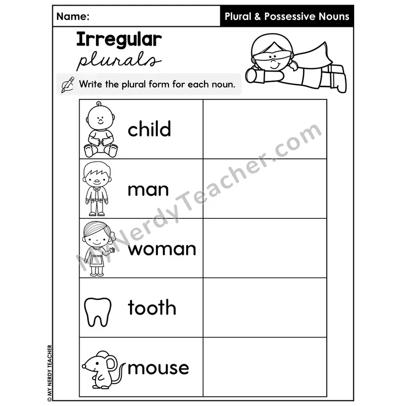Write Irregular Plural Forms Worksheet — Children Men Women Teeth Mice