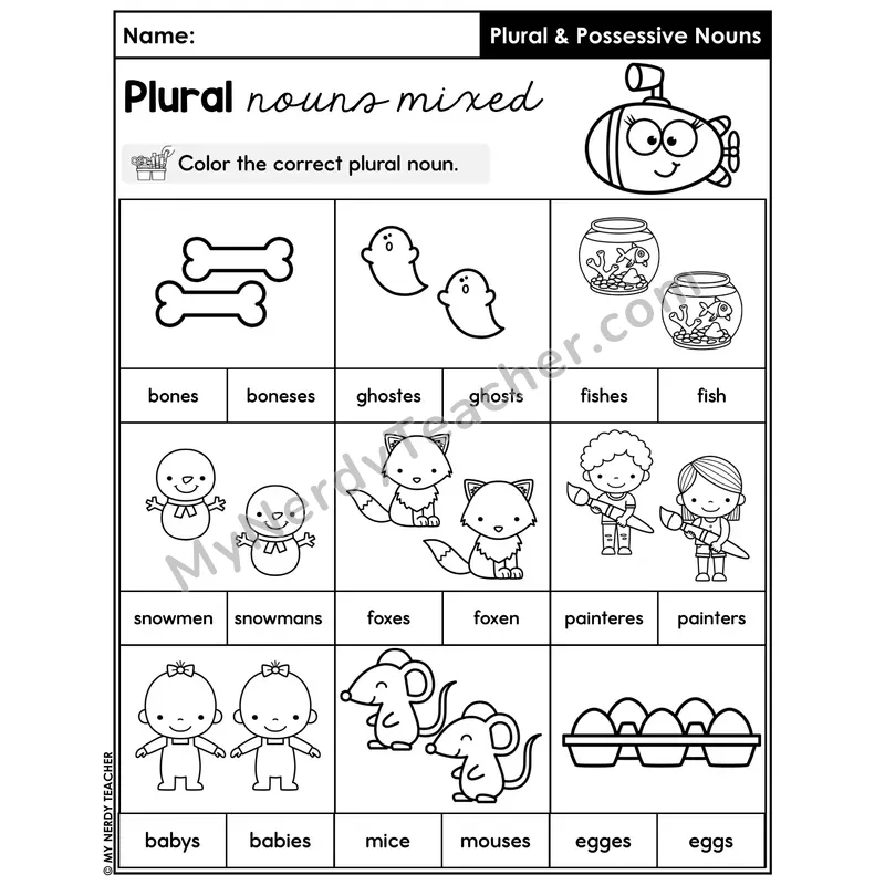 Plural Nouns Mixed Color the Correct Plural Worksheet — Regular and Irregular