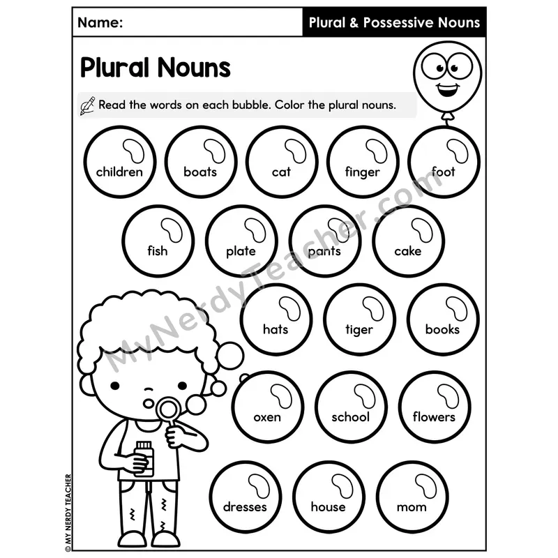 Color the Plural Nouns Bubble Worksheet — Singular vs Plural Sort