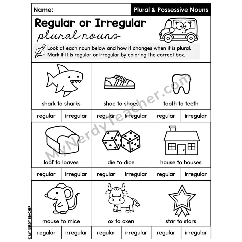 Regular or Irregular Plural Nouns Classification Worksheet — Color the Correct Box