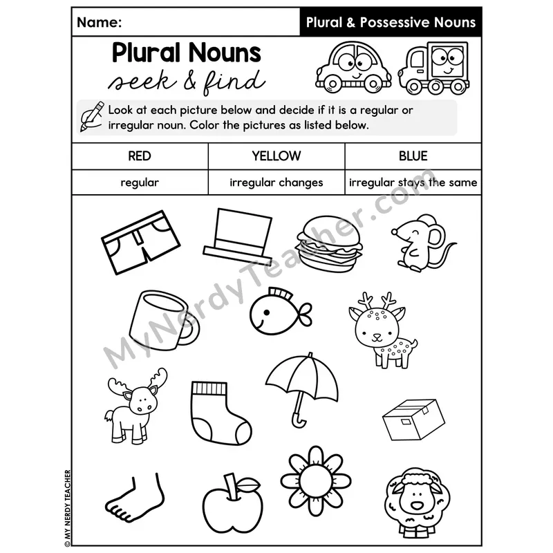 Plural Nouns Seek and Find Color Code Worksheet — Three Categories