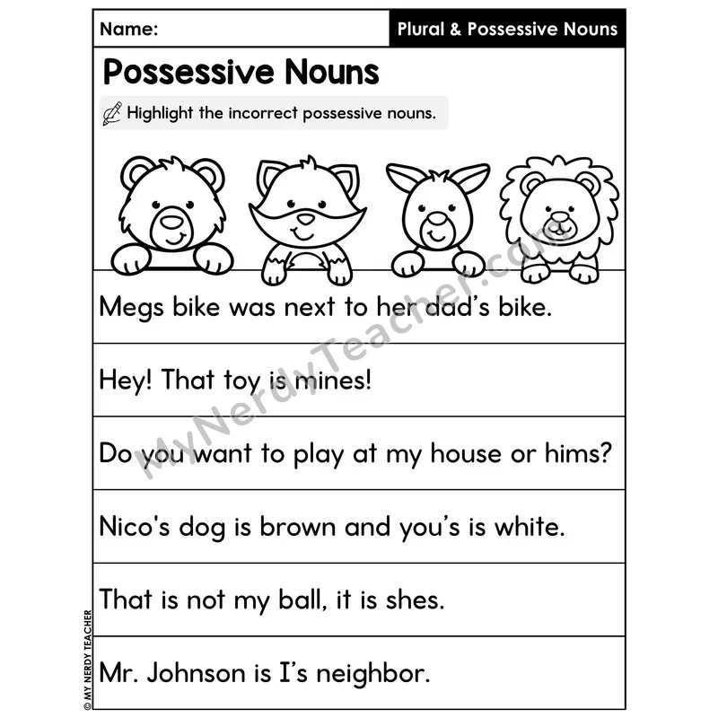 Highlight Incorrect Possessive Nouns Worksheet — Find the Errors