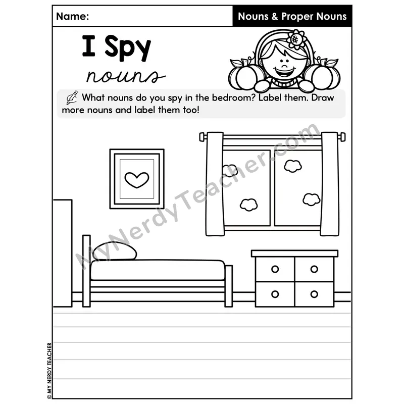 I Spy Nouns Bedroom Scene Worksheet — Label and Draw